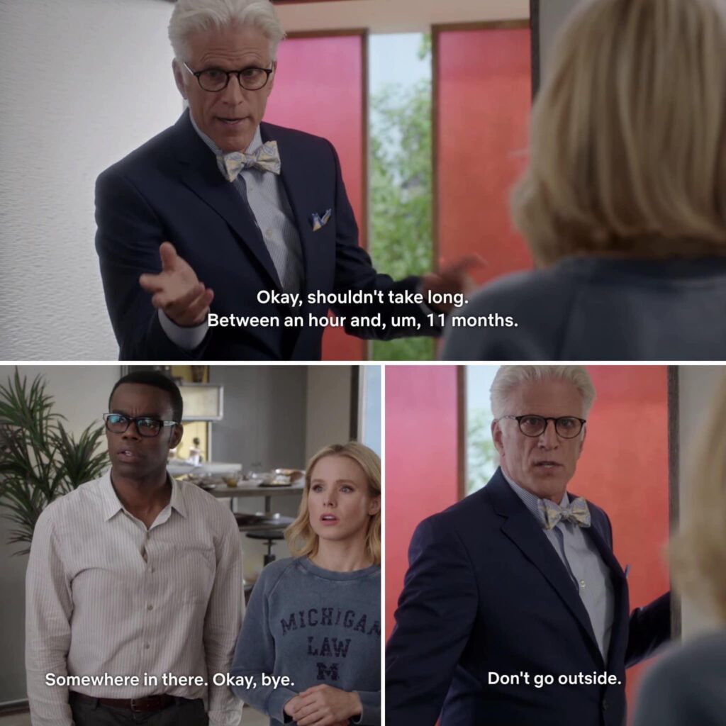 Scene from The Good Place. How it feels dealing with Meta for a hacked Facebook page. 