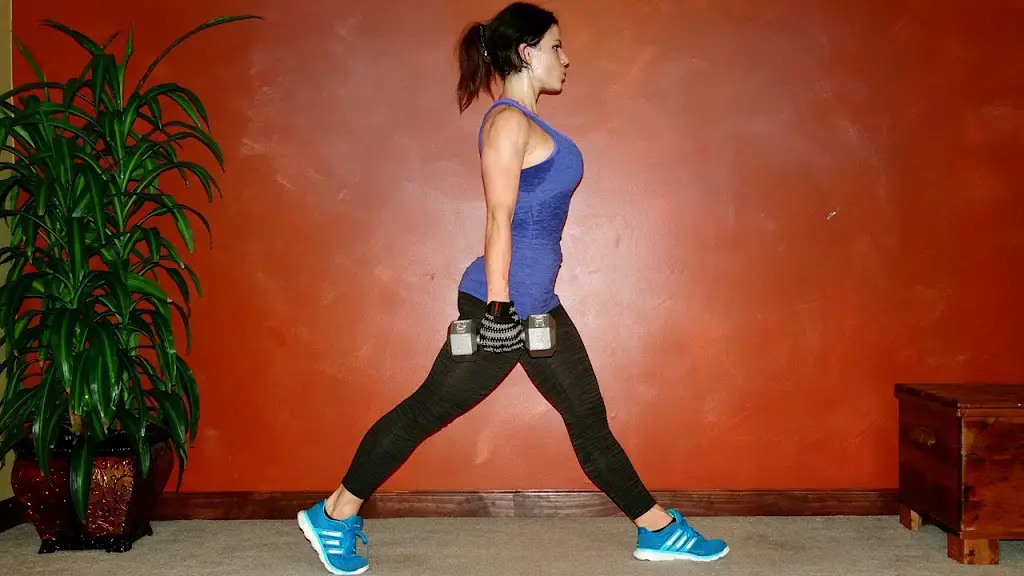 Holding dumbbells in a standing split leg squat position, demonstrating proper lunge form. 